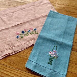 Vintage Embroidered Tea Towels Pink Blue Handmade Linens